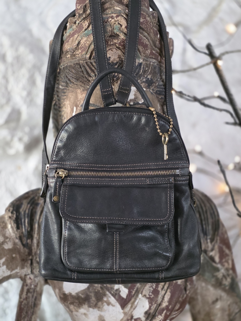 Fossil Black Leather Mini Backpack with Gold Hardware